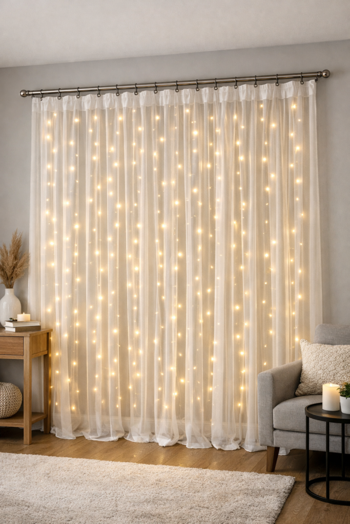 Curtain Fairy Light Wall fairy lights bedroom ideas
