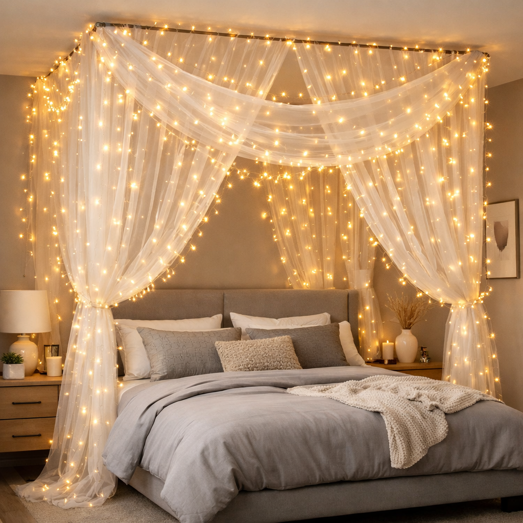 Fairy Light Canopy  romantic room decor ideas