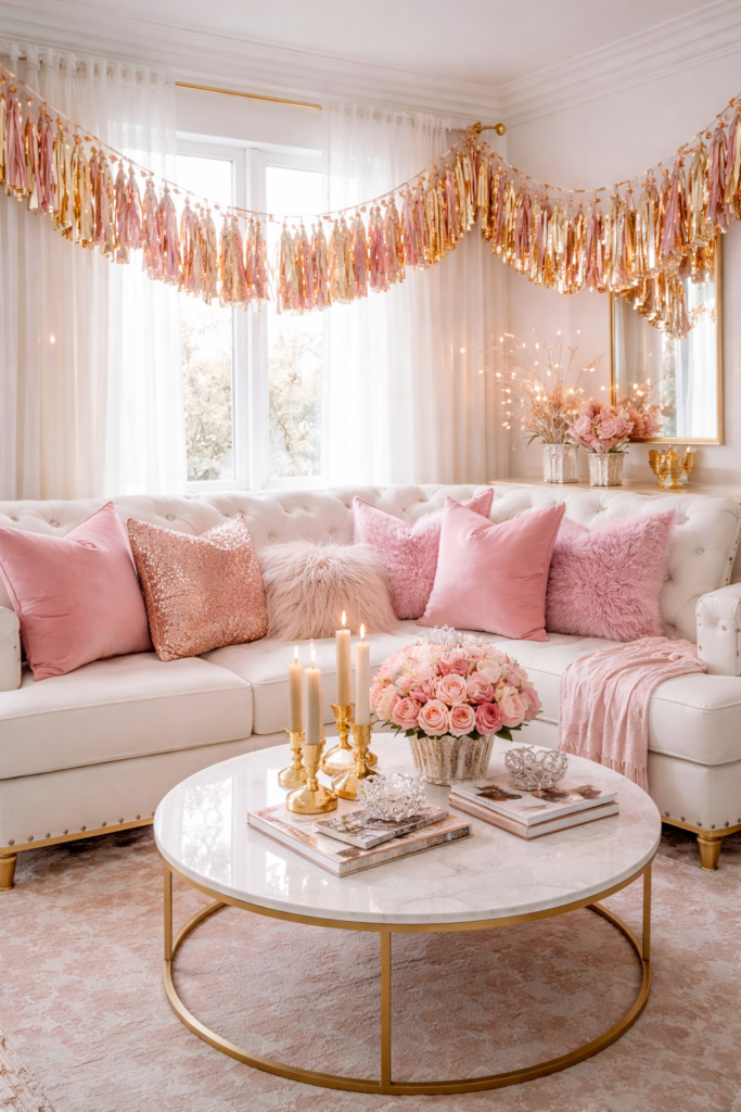 Pink & Gold Glam Style valentines living room decor