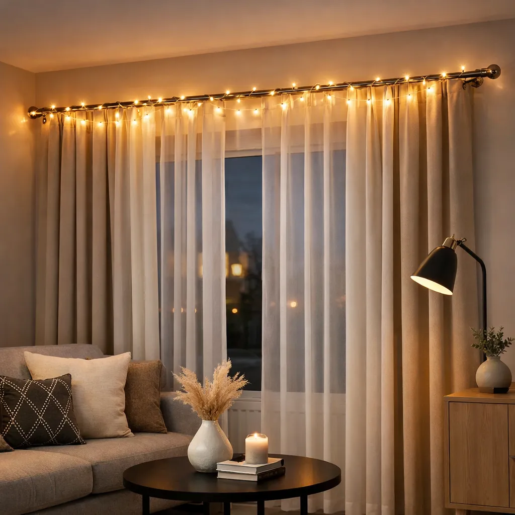 String Lights Above Curtain Rod Cozy Bedroom Lighting